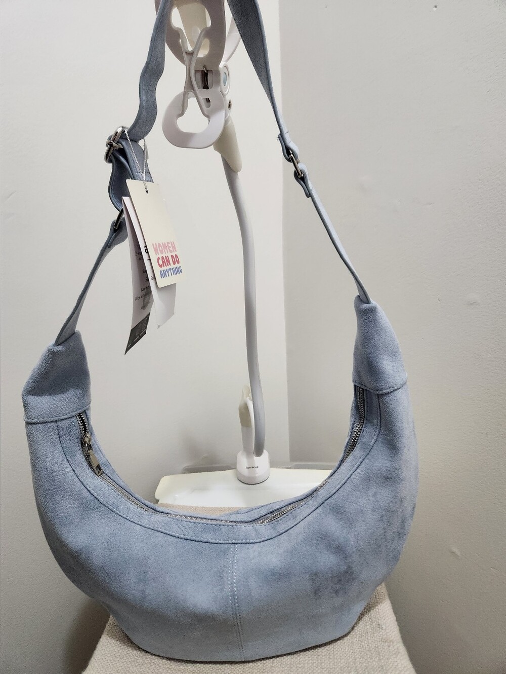 Vegan Suede Crescent Shoulder Bag in Light Blue!